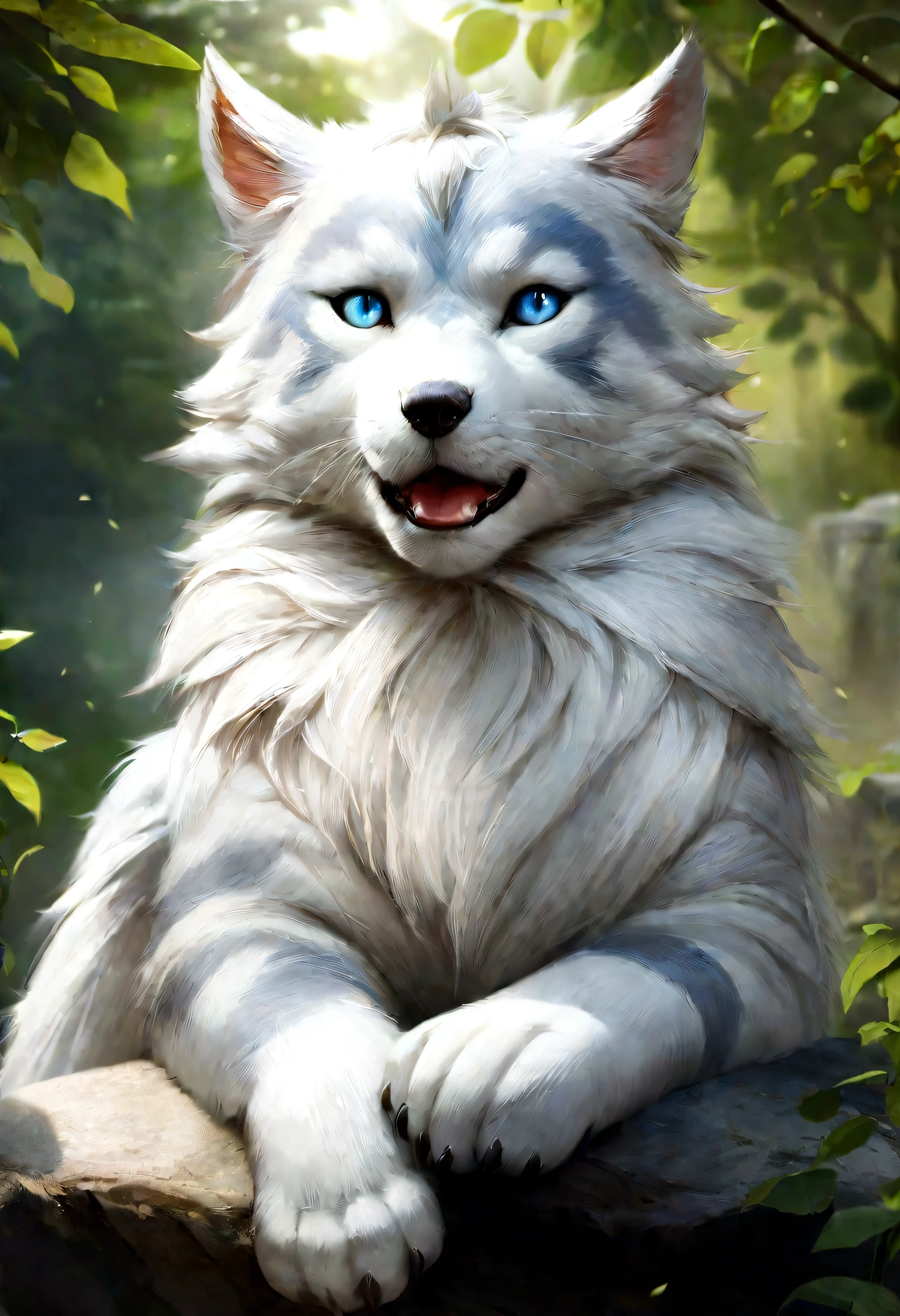 closeup, anthro furry white female priestess, thin, slender, small breasts, (white fur:1.3), long silver hair, blue eyes, (naked), topless, shy, lovely, black background, iridescent light beams, (by hioshiru and kenket and Ruan Jia and Bayard Wu)