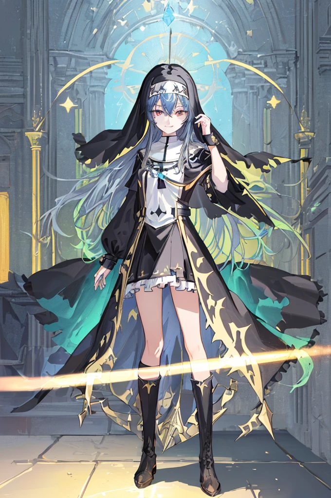[(cathedral background:1.4)::5],Original,(Illustration:1.1),(Best Quality),(masutepiece:1.1),(the Extremely Detailed CG Unity 8K Wallpapers:1.1), (Colorful:0.9),(mid-shot:0.95),(Full body:1.5),Dynamic Angle,(Solo:1.2), (girl),(((Adult))), (Detailed beautiful eyes:1.15), (Beautiful face:1.15), (Glowing black eyes:1.25////),(Blue Long Hair),(nun headdress),(+perfect hand+:1.21),(Draw an illustration of a Holy Knight Wizard),(Religious),(slender),(she has boots on her feet),((I'm wearing black knee-high socks)),Smile,(Ruffled miniskirt with metal embellishments),beautiful slender adult,((theater background)),