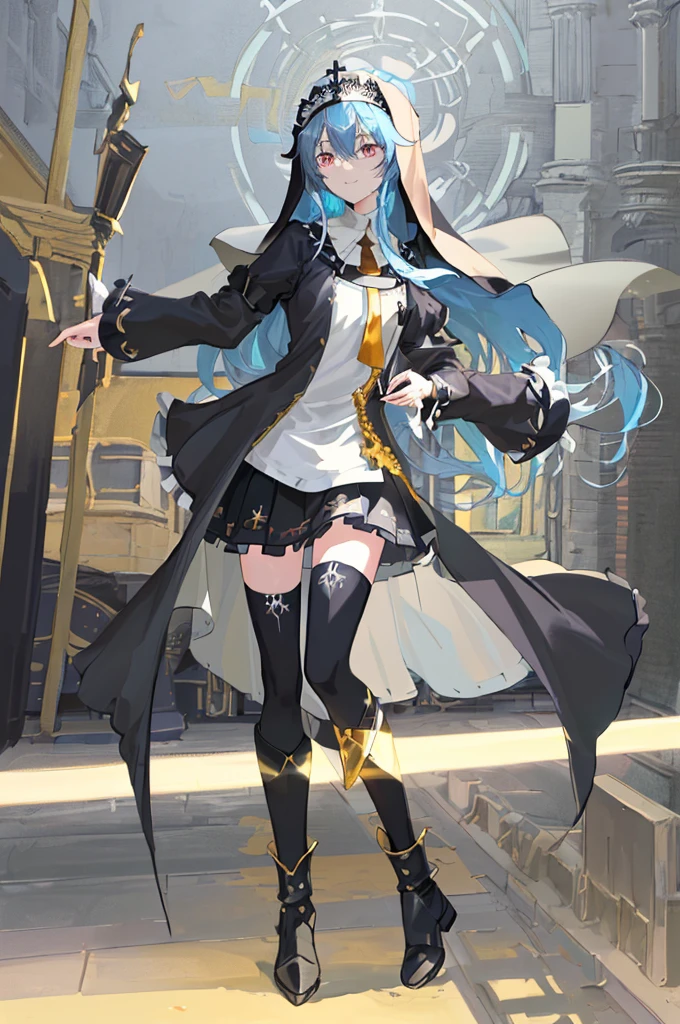 [(cathedral background:1.4)::5],Original,(Illustration:1.1),(Best Quality),(masutepiece:1.1),(the Extremely Detailed CG Unity 8K Wallpapers:1.1), (Colorful:0.9),(mid-shot:0.95),(Full body:1.5),Dynamic Angle,(Solo:1.2), (girl),(((Adult))), (Detailed beautiful eyes:1.15), (Beautiful face:1.15), (Glowing black eyes:1.25////),(Blue Long Hair),(nun headdress),(+perfect hand+:1.21),(Draw an illustration of a Holy Knight Wizard),(Religious),(slender),(she has boots on her feet),((I'm wearing black knee-high socks)),Smile,(Ruffled miniskirt with metal embellishments),beautiful slender adult,((theater background)),