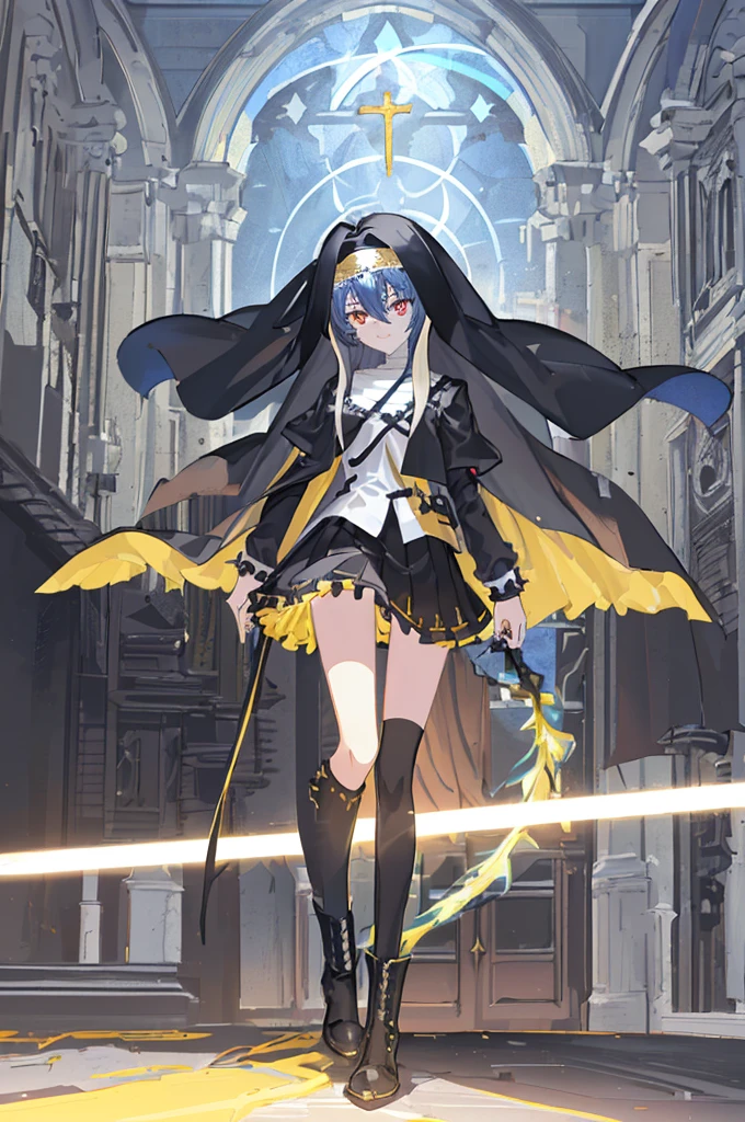 [(cathedral background:1.4)::5],Original,(Illustration:1.1),(Best Quality),(masutepiece:1.1),(the Extremely Detailed CG Unity 8K Wallpapers:1.1), (Colorful:0.9),(mid-shot:0.95),(Full body:1.5),Dynamic Angle,(Solo:1.2), (girl),(((Adult))), (Detailed beautiful eyes:1.15), (Beautiful face:1.15), (Glowing black eyes:1.25////),(Blue Long Hair),(nun headdress),(+perfect hand+:1.21),(Draw an illustration of a Holy Knight Wizard),(Religious),(slender),(she has boots on her feet),((I'm wearing black knee-high socks)),Smile,(Ruffled miniskirt with metal embellishments),beautiful slender adult,((theater background)),