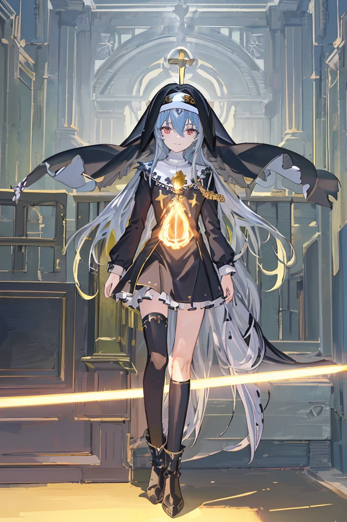 [(cathedral background:1.4)::5],Original,(Illustration:1.1),(Best Quality),(masutepiece:1.1),(the Extremely Detailed CG Unity 8K Wallpapers:1.1), (Colorful:0.9),(mid-shot:0.95),(Full body:1.5),Dynamic Angle,(Solo:1.2), (girl),(((Adult))), (Detailed beautiful eyes:1.15), (Beautiful face:1.15), (Glowing black eyes:1.25////),(Blue Long Hair),(nun headdress),(+perfect hand+:1.21),(Draw an illustration of a Holy Knight Wizard),(Religious),(slender),(she has boots on her feet),((I'm wearing black knee-high socks)),Smile,(Ruffled miniskirt with metal embellishments),beautiful slender adult,((theater background)),