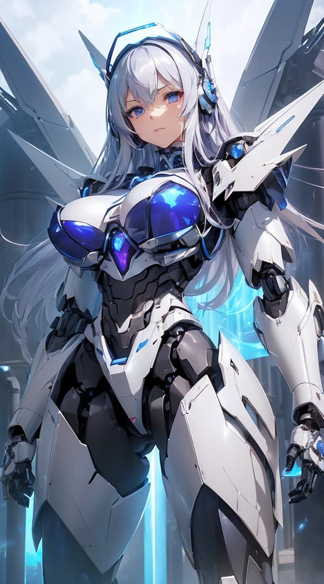 ((Intense action pose:1.6))、((Shining lenses on both breasts:1.3))、((Blue pillars of light are emanating from both chests.:1.3))、smile、((8K)), ((32k)), ((Highest quality)), ((masterpiece)), ((超A high resolution)), ((Tmasterpiece)), ((Halation:1.4))、((Mechaニカルheadgear:1.2))、((Cyber headphones:1.3))、Fine skin, High quality fabric, Fine metal texture、((Beautiful and dense face))、RAW Photos、Professional, Ultra-fine painting, ((alone)), Beautiful breasts、Highest quality, Very detailed, Very detailed詳細, Finer details, so beautiful, ((Princess Knight Robot:1.2)),  (Joints of machines, Mechanical Limbs:1.3), (The internal structure of the machine is exposed:1.3), (Long silver hair:1.1), (Beautiful and huge mechanical breasts)、White Veil, cowboy_shot, Side Focus, headgear, Shiny、(Five Fingers, Four fingers and thumb),Concept Art, Anime fantasy artwork, Detailed fantasy art, (with pale blue-violet hair and large white wings,,,,,,,), (((Long silver hair))), (Mecha:1.6)、Sleek and intimidating design, ((Commander-in-Chief&#39;arm)), (Perfect robot body)、純白と青紫armまたは, Symmetrical wings, 8K high quality, detailed art, 3D rendering of character art in 8K, neat legs, Defined, Defined fingers,