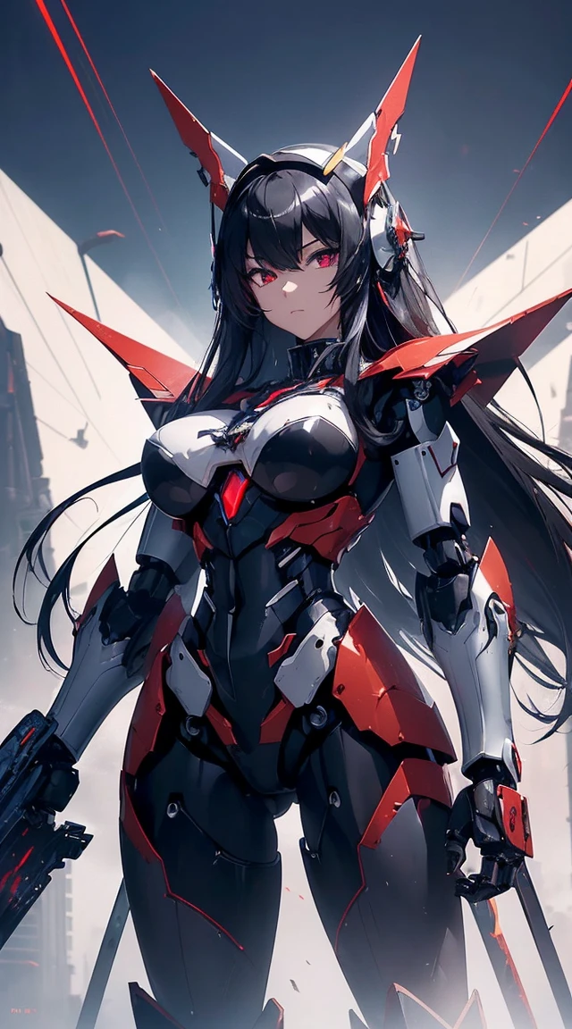 ((Shining lenses on both breasts:1.3))、((Pillars of red light radiate from both chests..:1.3))、((Attack pose:1.6))、((He has a red sword and a long rifle:1.6))、((Battle Scenes:1.8))、((8K)), ((32k)), ((Highest quality)), ((masterpiece)), ((超A high resolution)), ((Tmasterpiece)), ((Halation:1.4))、((Mechaニカルheadgear:1.2))、((Cyber headphones:1.3))Fine skin, High quality fabric, High-quality metal texture、((Beautiful and dense face))、RAW Photos、Professional, Ultra-fine painting, ((alone)), Beautiful breasts、Highest quality, Very detailed, Very detailed詳細, Finer details, so beautiful, ((Black Knight Robot:1.2)),  (Joint of the machine, Mechanical Limbs:1.3), (The internal structure of the machine is exposed:1.3), (Long black hair:1.1), (Beautiful and huge mechanical breasts)、White Veil, cowboy_shot, Side Focus, headgear, Shiny、(Five Fingers, Four fingers and thumb),Concept Art, Anime fantasy artwork, Detailed fantasy art, (Has light blue-purple hair and black wings,,,,,,), (((Long black hair))), (Mecha:1.6)、Sleek and intimidating design,  (Jet black perfect robot body)、Jet black and reddish purple arms, Symmetrical wings, 8K High Resolution, Detailed Art, 3D rendering of character art in 8K, neat legs, Defined, Defined fingers,((headshot:1.6))