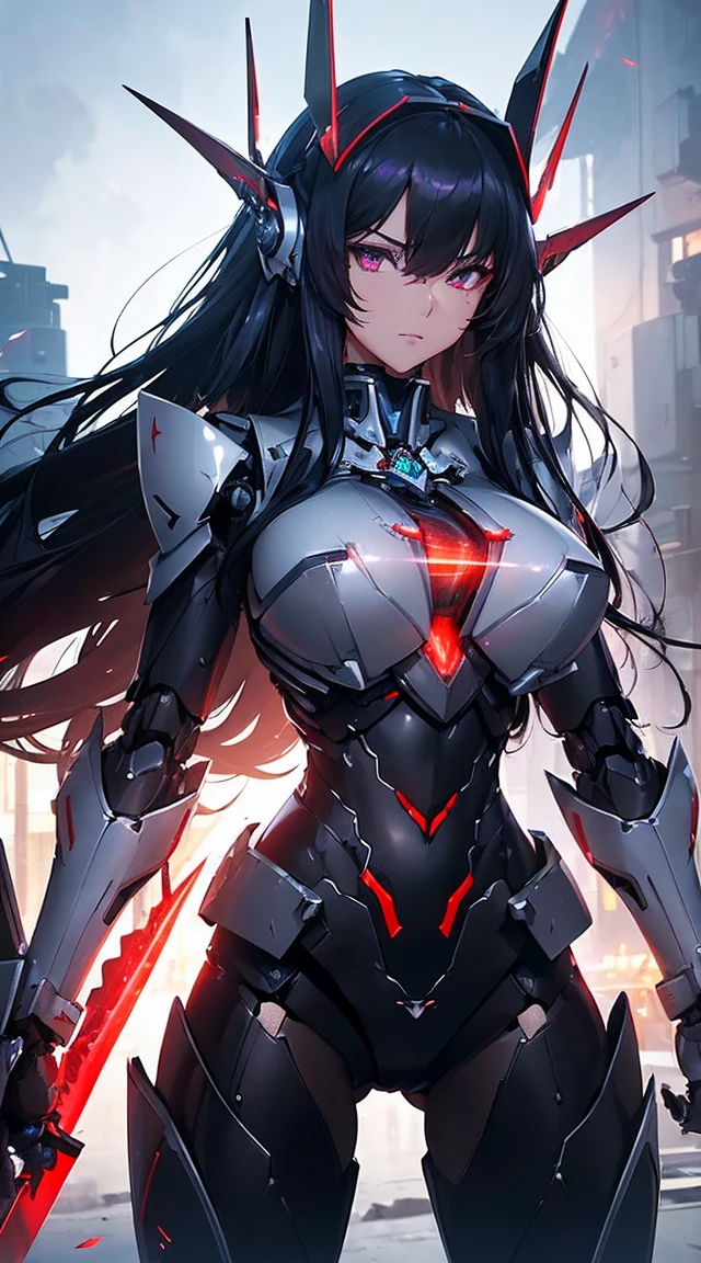 ((Shining lenses on both breasts:1.3))、((Pillars of red light radiate from both chests..:1.3))、((Attack pose:1.6))、((He has a red sword and a long rifle:1.6))、((Battle Scenes:1.8))、((8K)), ((32k)), ((Highest quality)), ((masterpiece)), ((超A high resolution)), ((Tmasterpiece)), ((Halation:1.4))、((Mechaニカルheadgear:1.2))、((Cyber headphones:1.3))Fine skin, High quality fabric, High-quality metal texture、((Beautiful and dense face))、RAW Photos、Professional, Ultra-fine painting, ((alone)), Beautiful breasts、Highest quality, Very detailed, Very detailed詳細, Finer details, so beautiful, ((Black Knight Robot:1.2)),  (Joint of the machine, Mechanical Limbs:1.3), (The internal structure of the machine is exposed:1.3), (Long black hair:1.1), (Beautiful and huge mechanical breasts)、White Veil, cowboy_shot, Side Focus, headgear, Shiny、(Five Fingers, Four fingers and thumb),Concept Art, Anime fantasy artwork, Detailed fantasy art, (Has light blue-purple hair and black wings,,,,,,), (((Long black hair))), (Mecha:1.6)、Sleek and intimidating design,  (Jet black perfect robot body)、Jet black and reddish purple arms, Symmetrical wings, 8K High Resolution, Detailed Art, 3D rendering of character art in 8K, neat legs, Defined, Defined fingers,((headshot:1.6))