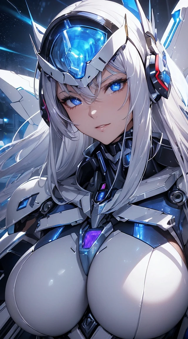 ((Extreme close up:1.6))、(((Lenses shining on both breasts:1.3)))、((Blue pillars of light radiate from both of his chests..:1.3))、break、(((Dynamic pose:1.8)))、smile、((8K)), ((32k)), ((Highest quality)), ((masterpiece)), ((超A high resolution)), ((Tmasterpiece)), ((Halation:1.4))、((Mechaニカルheadgear:1.2))、((Cyber headphones:1.3))Fine skin, High quality fabric, High-quality metal texture、((Beautiful and dense face))、RAW Photos、Professional, Ultra-fine painting, ((alone)), Beautiful breasts、Highest quality, Very detailed, Very detailed詳細, Finer details, so beautiful, ((Princess Knight Robot:1.2)),  (Joint of the machine, Mechanical Limbs:1.3), (The internal structure of the machine is exposed:1.3), (Long silver hair:1.1), (Beautiful and huge mechanical breasts)、White Veil, cowboy_shot, Side Focus, headgear, Shiny、(Five Fingers, Four fingers and thumb),Concept Art, Anime fantasy artwork, Detailed fantasy art, (with pale blue-violet hair and large white wings,,,,,,,,), (((Long silver hair))), (Mecha:1.6)、Sleek and intimidating design, ((Commander-in-Chief&#39;arm)), (Perfect robot body)、純白と青紫のarmまたは, Symmetrical wings, 8K High Resolution, Detailed Art, 3D rendering of character art in 8K, neat legs, Defined, Defined fingers,((headshot:1.3))