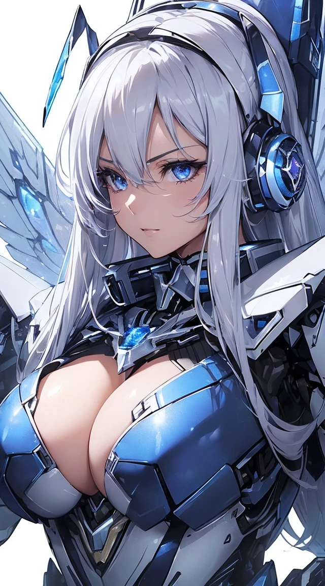 ((Extreme close up:1.6))、(((Lenses shining on both breasts:1.3)))、((Blue pillars of light radiate from both of his chests..:1.3))、break、(((Dynamic pose:1.8)))、smile、((8K)), ((32k)), ((Highest quality)), ((masterpiece)), ((超A high resolution)), ((Tmasterpiece)), ((Halation:1.4))、((Mechaニカルheadgear:1.2))、((Cyber headphones:1.3))Fine skin, High quality fabric, High-quality metal texture、((Beautiful and dense face))、RAW Photos、Professional, Ultra-fine painting, ((alone)), Beautiful breasts、Highest quality, Very detailed, Very detailed詳細, Finer details, so beautiful, ((Princess Knight Robot:1.2)), (Joint of the machine, Mechanical Limbs:1.3), (The internal structure of the machine is exposed:1.3), (Long silver hair:1.1), (Beautiful and huge mechanical breasts)、White Veil, cowboy_shot, Side Focus, headgear, Shiny、(Five Fingers, Four fingers and thumb),Concept Art, Anime fantasy artwork, Detailed fantasy art, (with pale blue-violet hair and large white wings,,,,,,,,), (((Long silver hair))), (Mecha:1.6)、Sleek and intimidating design, ((Commander-in-Chief'arm)), (Perfect robot body)、純白と青紫のarmまたは, Symmetrical wings, 8K High Resolution, Detailed Art, 3D rendering of character art in 8K, neat legs, Defined, Defined fingers,((headshot:1.3))