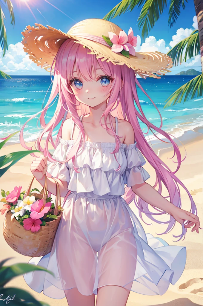 beautiful girl　smile　Pink straw hat　White dress　blue sea　White sand beach　Light of the sun