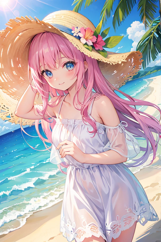 beautiful girl　smile　Pink straw hat　White dress　blue sea　White sand beach　Light of the sun