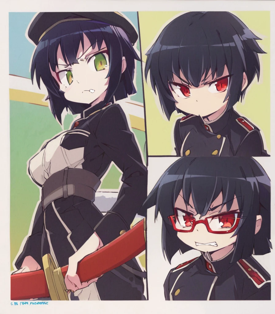 Kizi, wearing black military clothing, black mask in the mouth, Red glasses, black military beret, eyes browns, black hair long, angry face, adolescent, pretty, holding a katana, medium breasts.