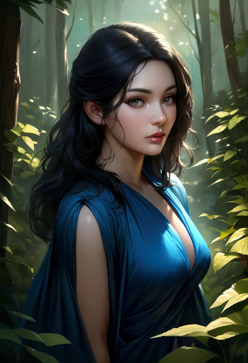 A beautiful woman wearing a sexy blue dress with long black hair. Realistic, best quality, soft light, ultra high res, girl, solo, cute, detailed beautiful face, full body. She is in a forest.
