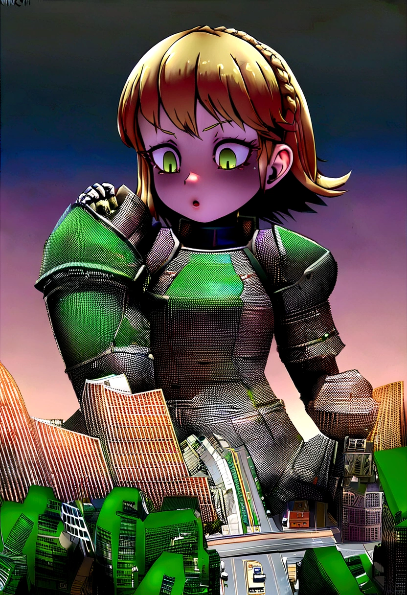 GtsGiga,knight,steel plated armor,green accents,muscalr,fair skin ton,giantess art,cityscape,Rampage, short hair,blonde,french braids,best quailty,masterpiece