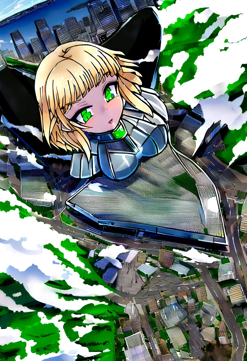 GtsGiga,knight,steel plated armor,green accents,muscalr,fair skin ton,giantess art,cityscape,Rampage, short hair,blonde,french braids,best quailty,masterpiece