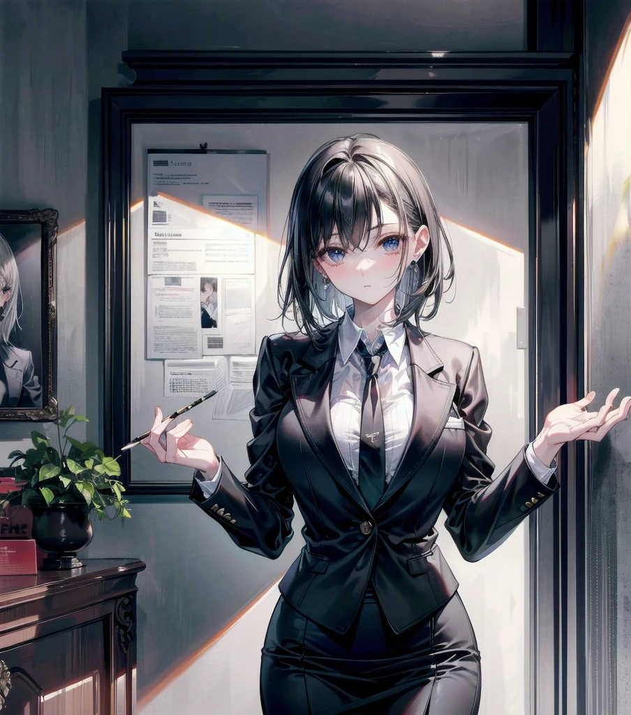 RAW photo, extremely delicate and beautiful, masterpiece, Best Quality, ultra high resolution, 16k, photorealistic, ultra detailed description, pale skin, in her 20s, whole body, medium tits, medium hair, black hair, tearful mole, earring, business suit, blazer, pencil skirt, collarbone, shirt, tie,