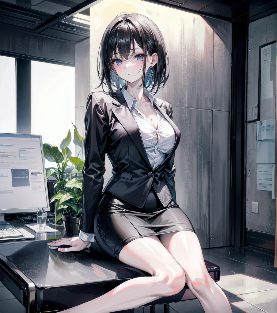 juri han, work of art, tight white secretary shirt with black tie, black high waist skirt, short skirt, black hair, black tights, evil smile, office, bangs in the eyes, lighting, hair horn, vision of up, looking up, smile, sitting on an office chair, legs crossed,corpo detalhado,belo corpo,imagem detalhada
