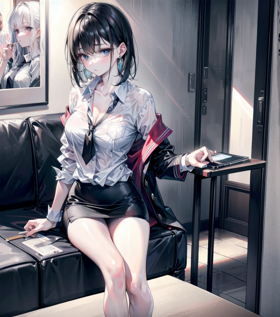 RAW photo, extremely delicate and beautiful, masterpiece, Best Quality, ultra high resolution, 16k, photorealistic, ultra detailed description, pale skin, in her 20s, whole body, medium tits, medium hair, black hair, tearful mole, earring, business suit, blazer, pencil skirt, collarbone, shirt, tie,
