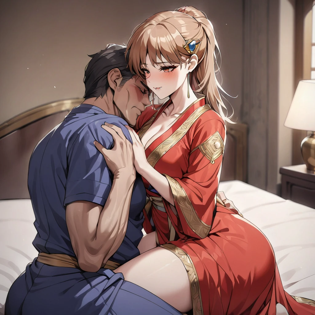 ((Highest quality)), ((masterpiece)), (detailed), （Perfect Face）、The woman is Princess Leona, with long, light brown hair and a gorgeous red Chinese dress with gold embroidery.、On a bed in a luxurious palace, a woman is embracing a middle-aged man dressed in Hanfu and having sex.