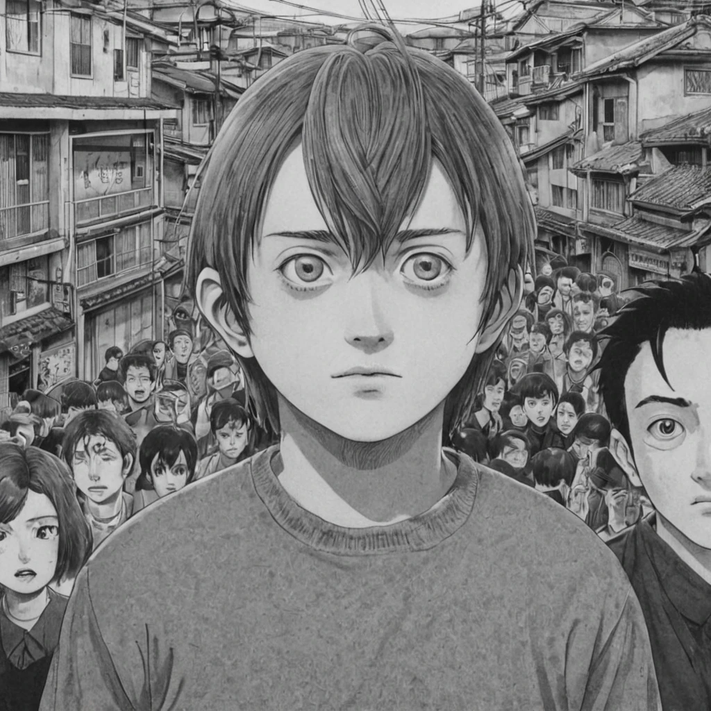 giant man, small towns, (anime), bizarre scenario, This is Junji, Yusuke Murata, black and white, 8K, anime, horror