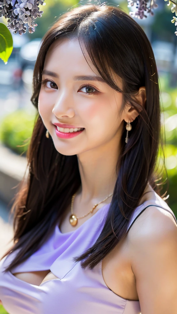 1 girl, national foundation, (hotel background), ((8k, raw, masterpiece: 1.5)), (Professional photography, sharp:1.2), Perfect dynamic composition, (Natural sun light), (soft shadow), (Perfect body:1.4, slim abs:1.2), (((skinny figure))), ((huge round breasts:1.3)), (((((black long hair,bangs))))), Ultra-detailed faces and skin, perfect asian, White skin, (Delicate skin:1.4), (latex skin:0.4), (perfect glowing skin:0.6), light brown eyes, beautiful eyes, round eyes, pretty face, blush, glossy lips, glossy eyes, Perfectly proportioned face, Really moist skin, Refined expression, (((huge smile at the camera))), looking at camera, Refined expression, Elegant necklace, Elegant earrings, minimalist, (loose white shirt), (navy Jean trousers),