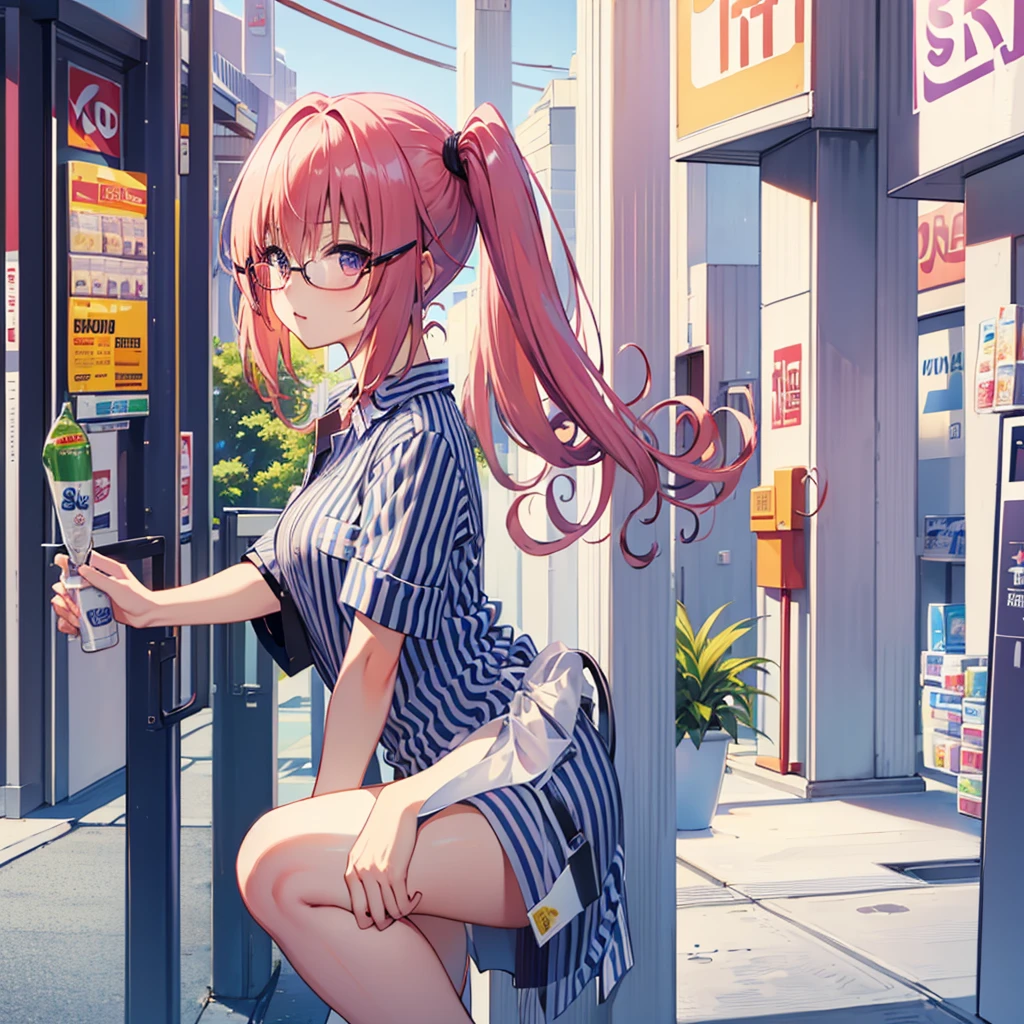 masterpiece, best quality, highres, aanana, long hair, twintails,1girl.solo,(convenience store:1.3),convenience store employee uniform, (vertical-striped shirt:1.3),short sleeves, id card,glasses