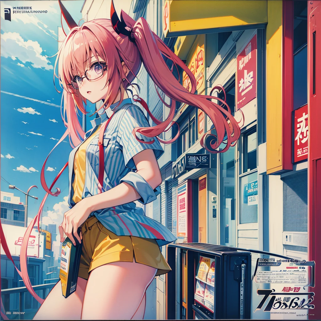 masterpiece, best quality, highres, aanana, long hair, twintails,1girl.solo,(convenience store:1.3),convenience store employee uniform, (vertical-striped shirt:1.3),short sleeves, id card,glasses