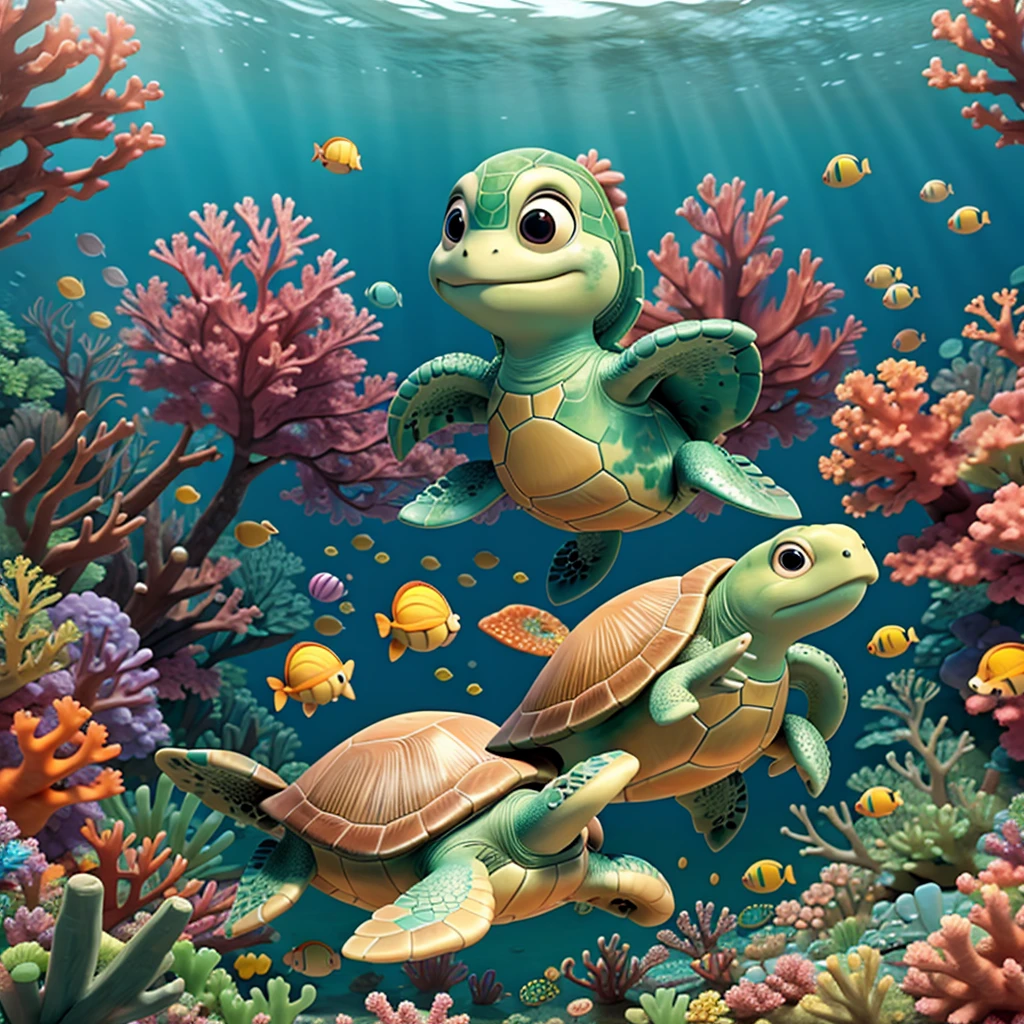 A turtle explores a coral reef full of life and color,