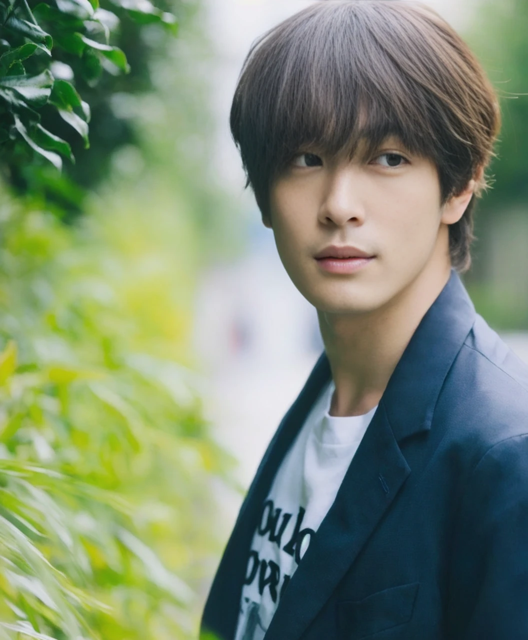 40s、Japanese men、round face、The background is a cafe