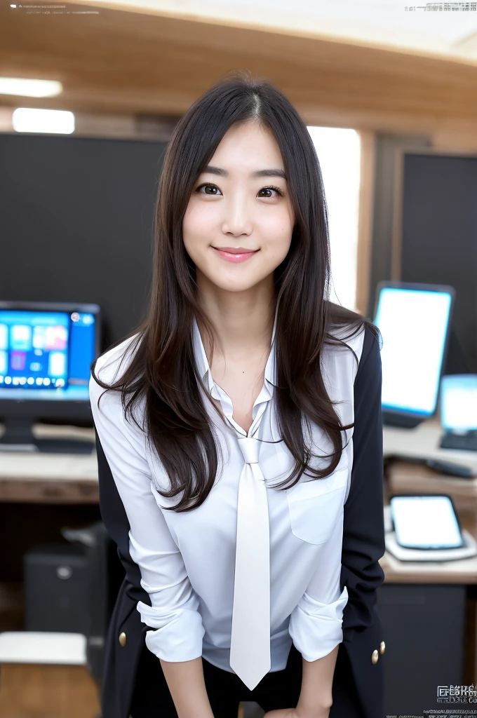 You are a professional photographer。future、Beautiful Eyes、 ((Highest quality)), Clear contours, Woman with beautiful face, (((One Girl,alone))), ((Beautiful Eyes)), Sex Appeal,Albedo and Specular Maps、Accurate simulation of lightweight material interactions、Woman in suit and tie posing in front of computer desk, sakimichan, Low Perspective, sexy、Light Smile