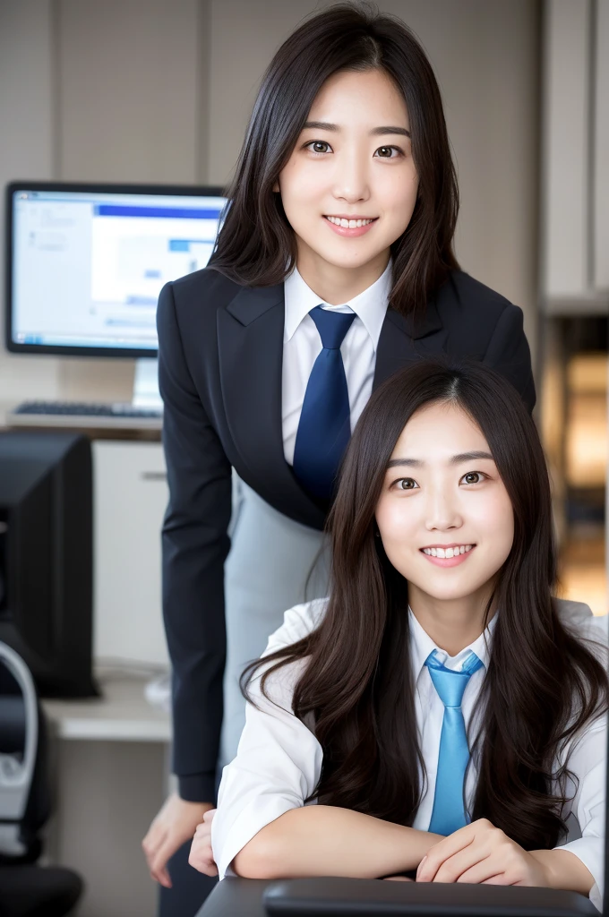 You are a professional photographer。future、Beautiful Eyes、 ((Highest quality)), Clear contours, Woman with beautiful face, (((One Girl,alone))), ((Beautiful Eyes)), Sex Appeal,Albedo and Specular Maps、Accurate simulation of lightweight material interactions、Woman in suit and tie posing in front of computer desk, sakimichan, Low Perspective, sexy、Light Smile
