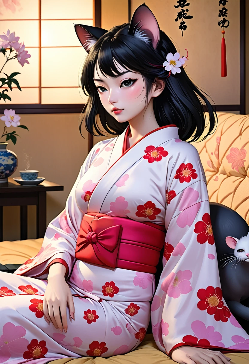 (utamaro style:1.2) , Hallucination, daydream , nightmare , Insane Dream , bokeh , erotica , romance , realistic cat girl and realistic mouse , kimono , futon