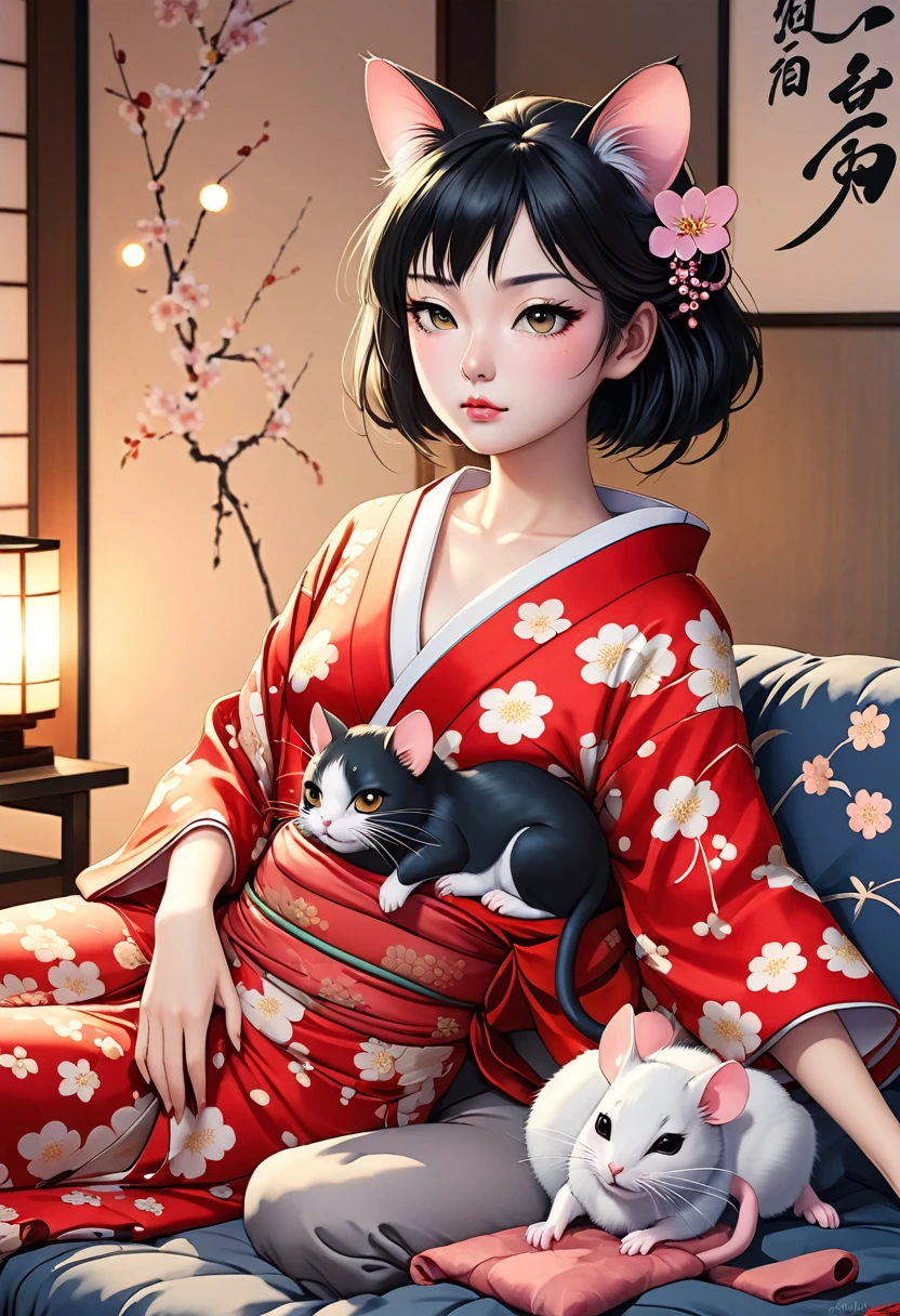 (utamaro style:1.2) , flat paint , Hallucination, daydream , nightmare , Insane Dream , bokeh , erotica , romance , realistic mouse girl and realistic cat , kimono , futon