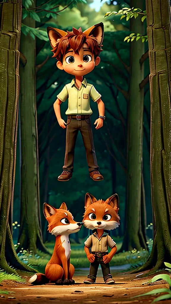 A boy finds a lost fox in the middle of the forest, the fox looking at the boy and the boy looking at the fox head on. They both look at each other.