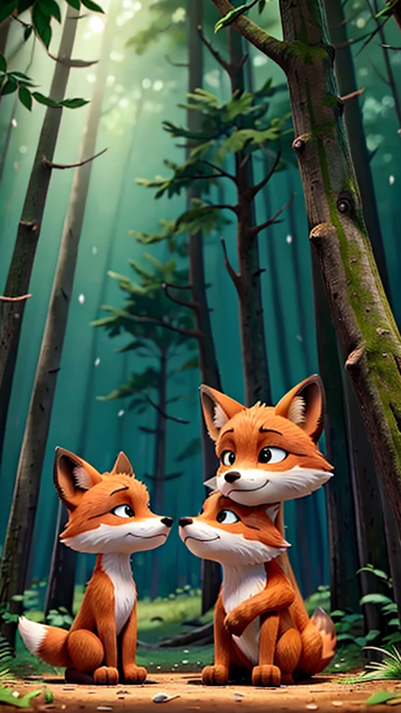 A boy finds a lost fox in the middle of the forest, the fox looking at the boy and the boy looking at the fox head on. They both look at each other.