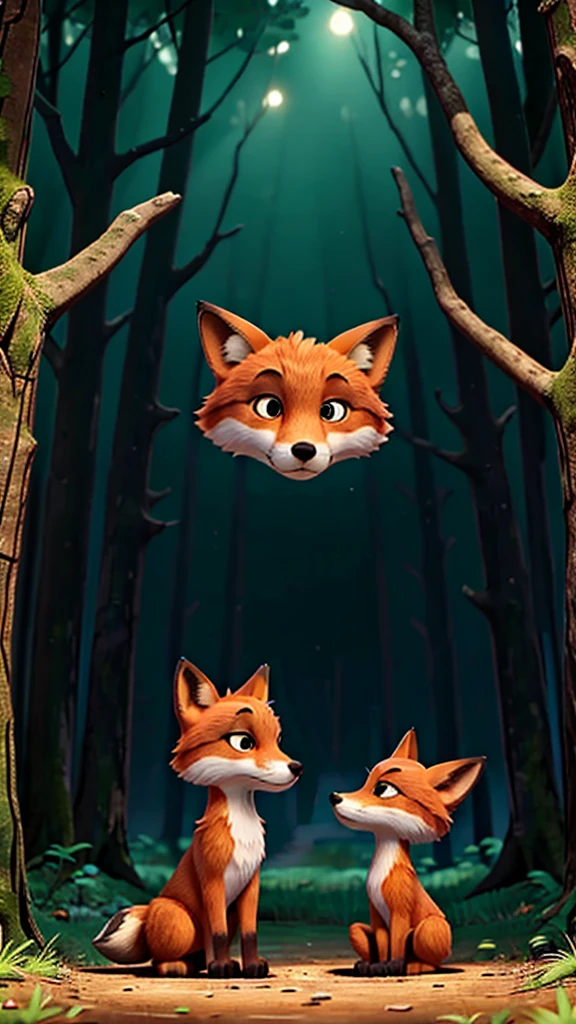 A boy finds a lost fox in the middle of the forest, the fox looking at the boy and the boy looking at the fox head on. They both look at each other.