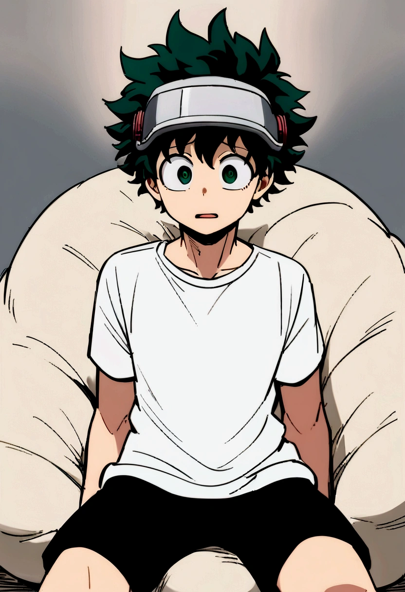 (masterpiece, best quality:1.2), solo, male focus, 1boy, midoriya izuku, short green hair, green eyes, white t-shirt, black shorts, domed helmet with visor over eyes, mind control device, blank expression, mouth hanging open, sitting in bean bag, anime style, my hero academia style