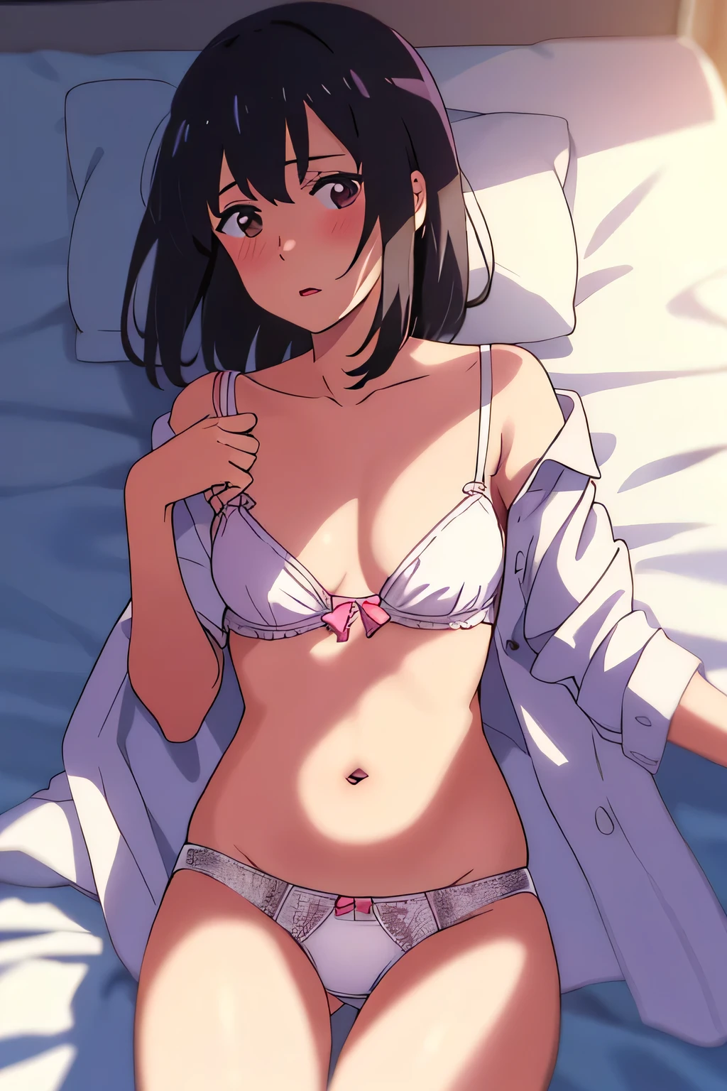 shinkai makoto, Kimi No Na Wa., One girl, bangs, bed sheet, Black Hair, blush, chest, Brown eyes, clavicle, collared shirt, Cowboy Shot, dress shirt, between legs, View your viewers, Lie in, medium chest, belly button, No bra, Off the shoulder, behind, Open clothes, open shirt, panties, Part your lips, Partially unbuttoned, shirt, Short sleeve, nakedの肩, Tassel, underwear, white panties, white shirt, One boy, Shaved head,rolling, naked, penis, Missionary sex, Face to face, From pelvis to pelvis