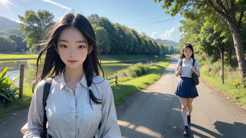 8K、RAW Photos、Highest quality、Super detailed、Super Resolution、Ultra HD、8K壁紙、Amazing details summer、A rural road lined with rice fields、Woman walking on a country road、 school girl in uniform、Drink water、School bag、Blue sky、Shining Sun、Water bottle