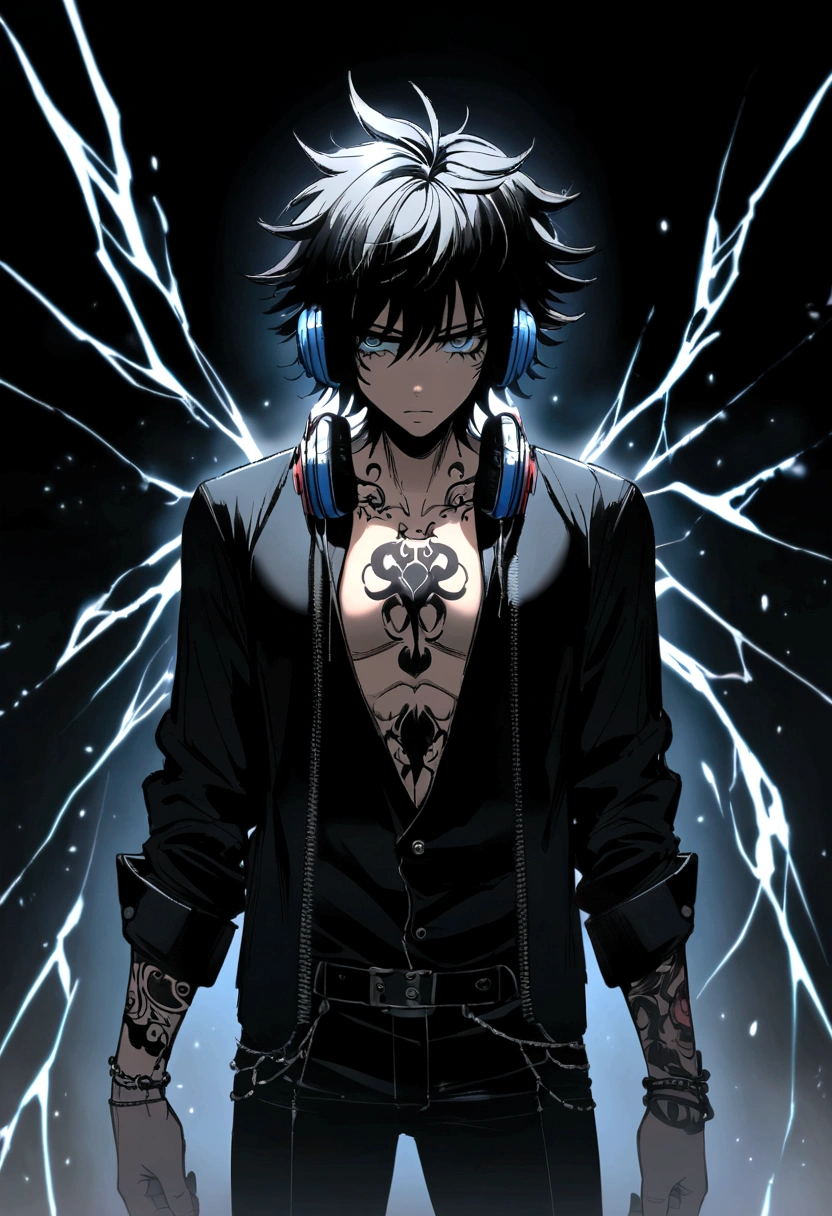 emo man (anime style) with short messy hair, with a black dress shirt open at the chest and with tattoos, black pants with headphones on with spikes around the headphones