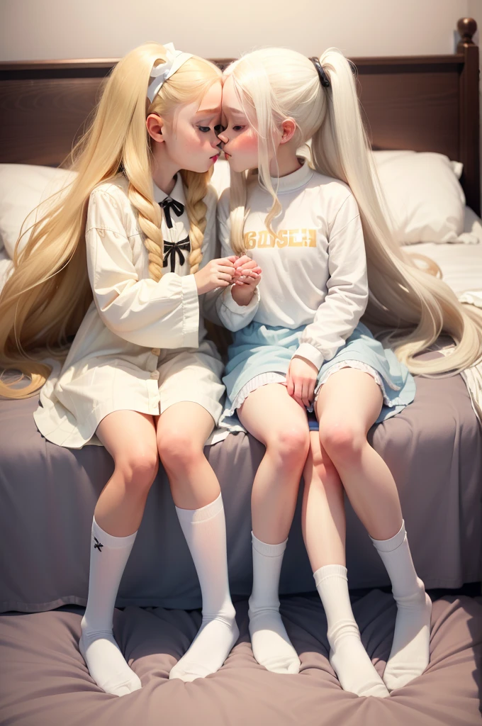 2girls，Girl1：，adolable，golden hair，white long hair，White socks，girl 2：blond hair，white long hair，White socks，same height，kissing，in bed，Equal status