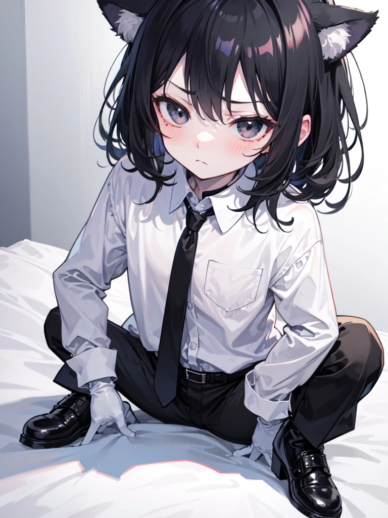 18-year-old Shota，Very white skin，cute，Wear a white long-sleeved shirt and a black work tie，Wear black pants，Wear black booties，Wear white gloves，wear cat ear，Black hair，Black eyes，Handsome，Disdainful and cold expression，shy，blush，porn，Close-up photo