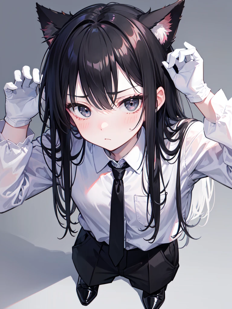 16-year-old boy,cute,Wear a white long-sleeved shirt and a black work tie,Wear black pants,Wear black booties,Wear white gloves,wear cat ear,Black hair,Black eyes,blush,sweat,shy,Uncomfortable,Glove removal action,Close-up photo