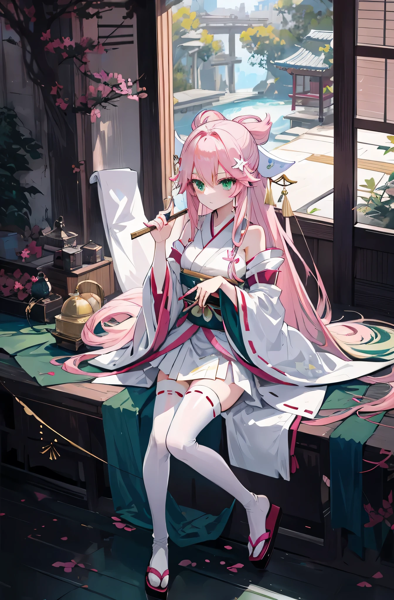 A pink-haired，The hair was long，green eyes,Very long dull hairs，Outwardly lazy，white kimono costume，White miko stockings，white mini skirt,