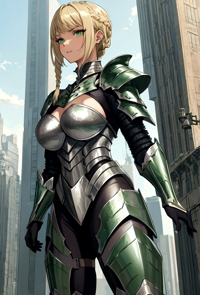 GtsGiga,knight,steel plated armor,green accents,muscalr,fair skin ton,giantess art,cityscape,Rampage, short hair,blonde,french braids,best quailty,masterpiece 