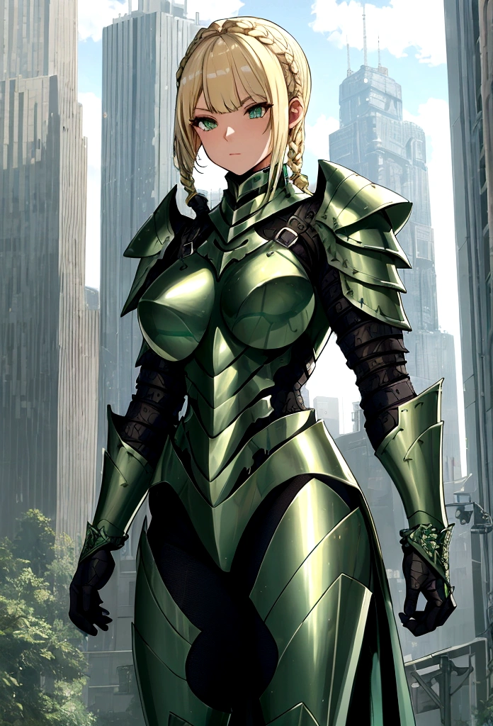 GtsGiga,knight,steel plated armor,green accents,muscalr,fair skin ton,giantess art,cityscape,Rampage, short hair,blonde,french braids,best quailty,masterpiece 