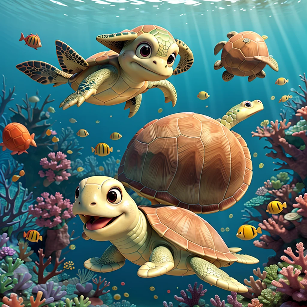 Solo una turtle explores a coral reef full of life and color,