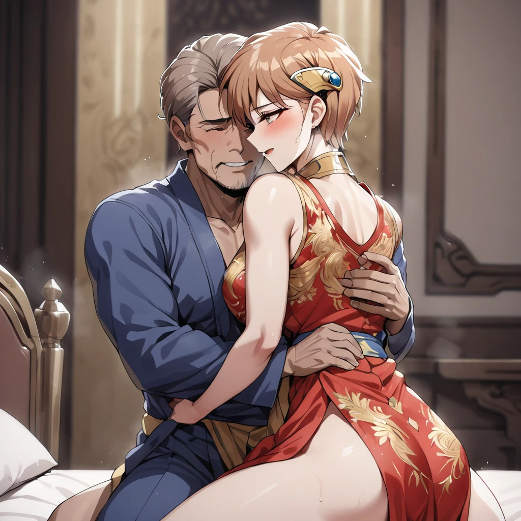 ((Highest quality)), ((masterpiece)), (detailed), （Perfect Face）、The woman is Princess Leona, with long, light brown hair and a gorgeous red Chinese dress with gold embroidery.、On a bed in a luxurious palace, a woman is embracing a middle-aged man dressed in Hanfu and having sex.