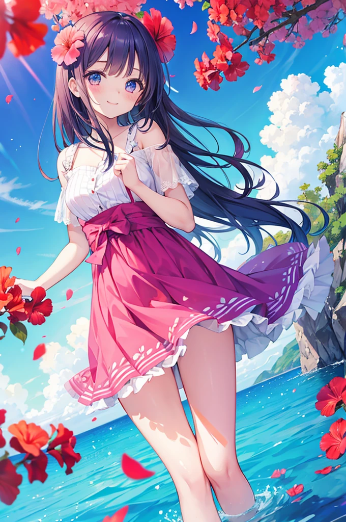 beautiful girl smile Hibiscus flower blue sea Petals fluttering
