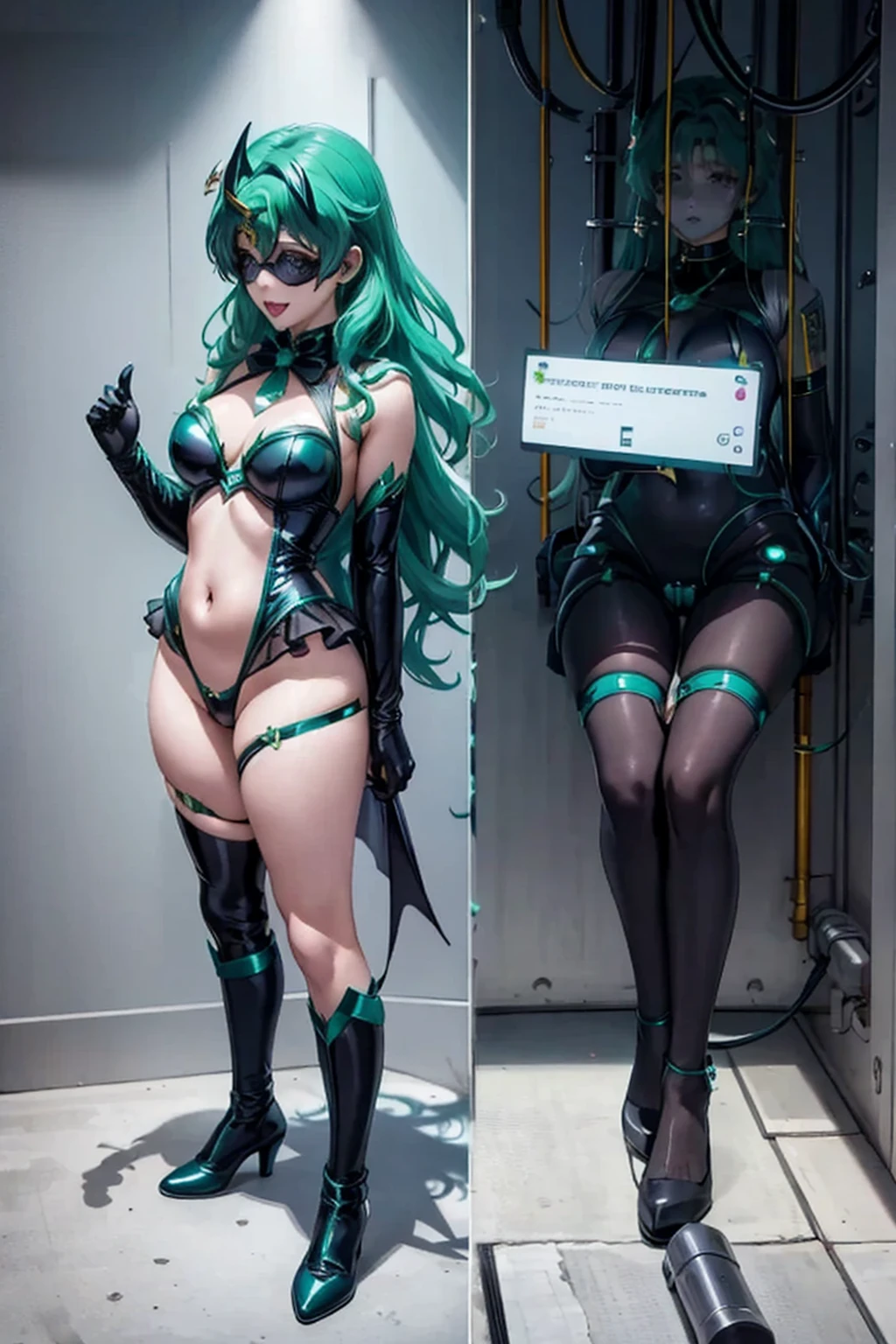 SailorNeptune. solo. Aqua color hair. Smirk. Empty Eyes. dark costume. Transparent Bodystocking. shout. dark costume. corruption. bat hair ornament. bat motif black eye mask. Black headphone. succubus-style. squat pose
