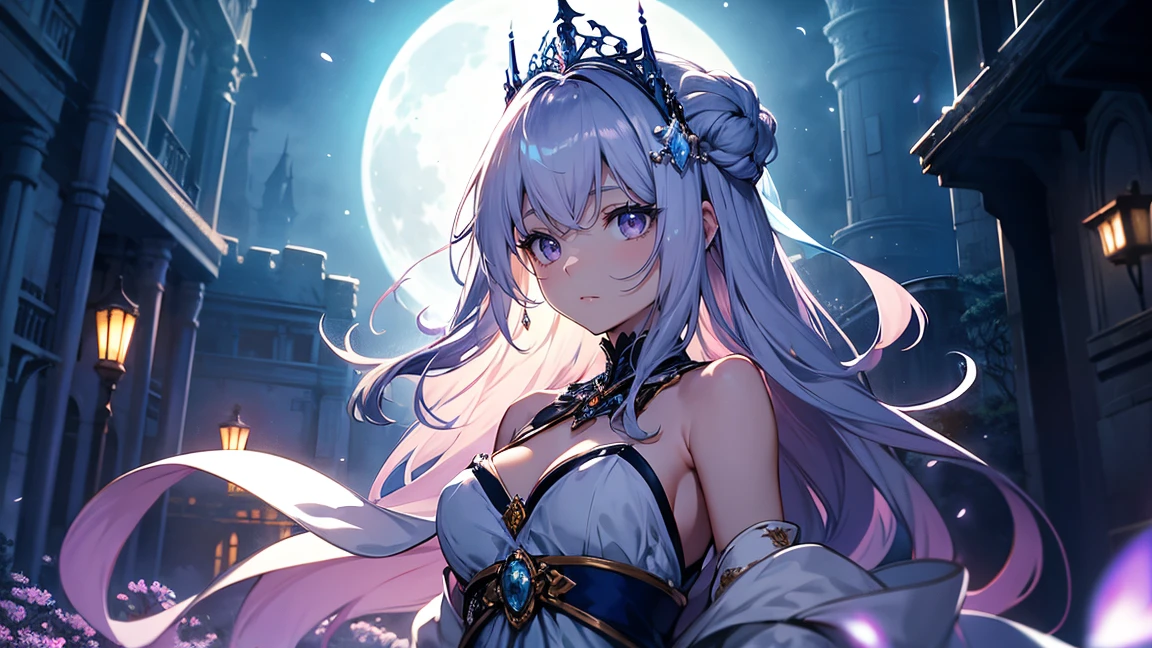 A princess with a delicate and beautiful face, large eyes, and translucent skin is looking up at the moon from a castle, enchantingly dressed in a traditional and glamorous medieval European dress and wearing a large hair ornament. A gentle, warm light surrounds the princess. The background is filled with soft out-of-focus light, and the pale blue and purple tones create a dreamy, serene, and enchanting atmosphere. Fireflies glowing in the moonlit night surround the princess, adding to the magical and ethereal atmosphere. Emphasis on the armpit and clavicle