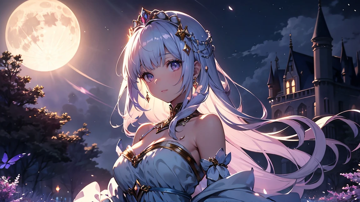 A princess with a delicate and beautiful face, large eyes, and translucent skin is looking up at the moon from a castle, enchantingly dressed in a traditional and glamorous medieval European dress and wearing a large hair ornament. A gentle, warm light surrounds the princess. The background is filled with soft out-of-focus light, and the pale blue and purple tones create a dreamy, serene, and enchanting atmosphere. Fireflies glowing in the moonlit night surround the princess, adding to the magical and ethereal atmosphere. Emphasis on the armpit and clavicle