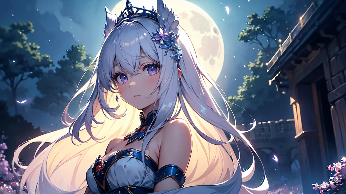 A princess with a delicate and beautiful face, large eyes, and translucent skin is looking up at the moon from a castle, enchantingly dressed in a traditional and glamorous medieval European dress and wearing a large hair ornament. A gentle, warm light surrounds the princess. The background is filled with soft out-of-focus light, and the pale blue and purple tones create a dreamy, serene, and enchanting atmosphere. Fireflies glowing in the moonlit night surround the princess, adding to the magical and ethereal atmosphere. Emphasis on the armpit and clavicle